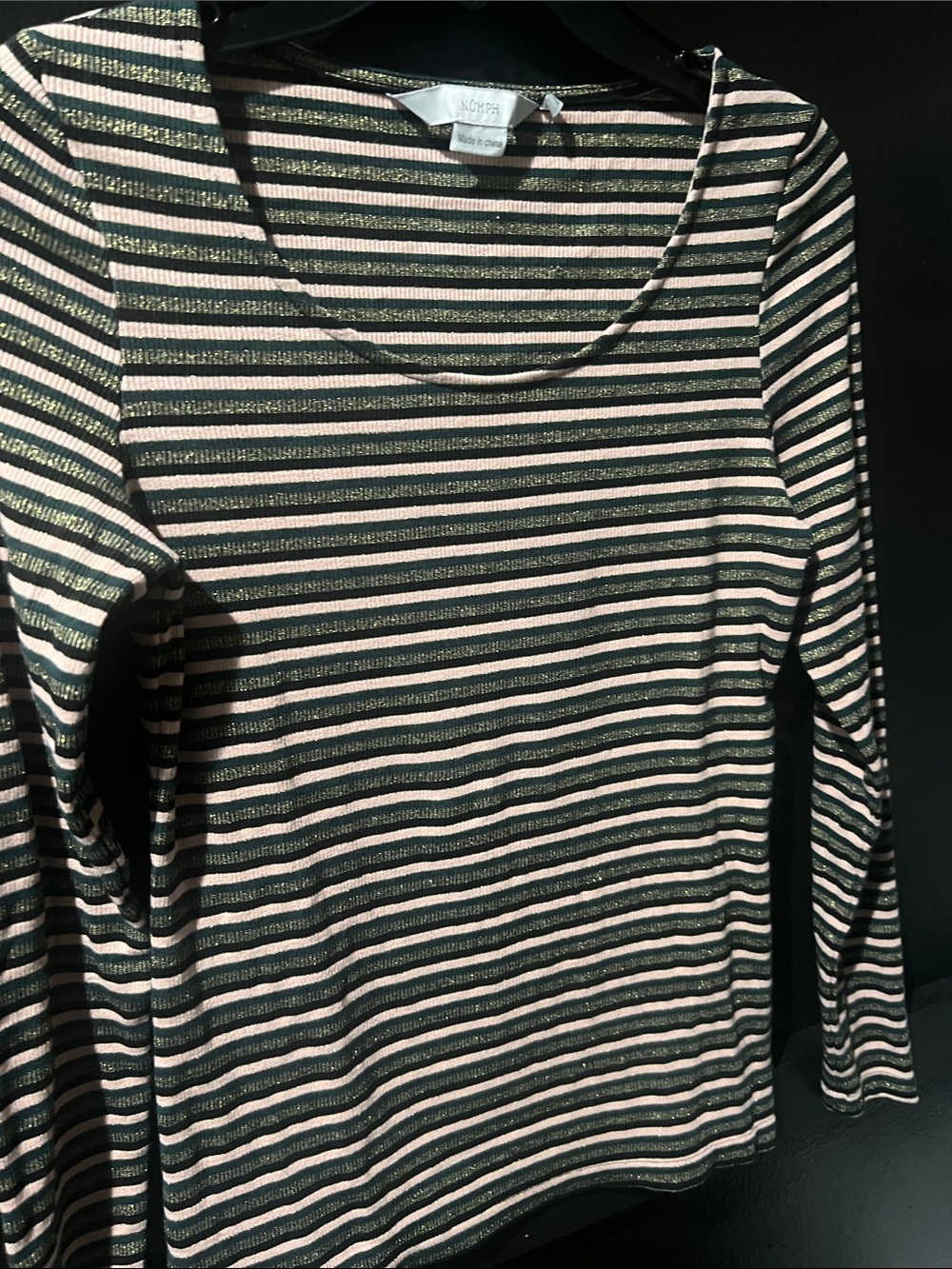 Numph | Pinstriped Long-Sleeve Scoop Neck Top | Size XS